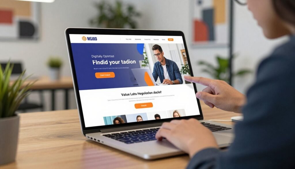 A digitally optimized landing page displayed on a sleek laptop in a modern office environment. In the foreground, a business professional in smart casual attire, intently analyzing the vibrant and user-friendly design of the webpage. The middle layer shows the laptop screen with elements like persuasive call-to-action buttons, eye-catching images, and a clear value proposition. In the background, a contemporary office setting with soft lighting that creates a welcoming atmosphere, featuring indoor plants and motivational artwork on the walls. The overall mood conveys productivity and innovation, captured from a slight angle to emphasize the professional's engagement with the landing page. A digitally optimized landing page displayed on a sleek laptop in a modern office environment. In the foreground, a business professional in smart casual attire, intently analyzing the vibrant and user-friendly design of the webpage. The middle layer shows the laptop screen with elements like persuasive call-to-action buttons, eye-catching images, and a clear value proposition. In the background, a contemporary office setting with soft lighting that creates a welcoming atmosphere, featuring indoor plants and motivational artwork on the walls. The overall mood conveys productivity and innovation, captured from a slight angle to emphasize the professional's engagement with the landing page.