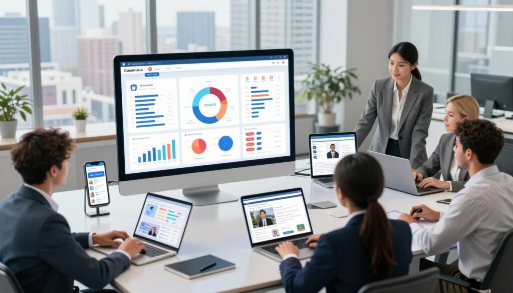 A dynamic and vibrant illustration of a social media conversion system, set in a modern, sleek office environment. In the foreground, a diverse group of professionals in business attire collaborates around a large digital touchscreen displaying analytics and conversion metrics. The middle ground features various digital devices like smartphones, laptops, and tablets showcasing social media platforms, highlighting user interaction and engagement. In the background, a large window reveals a bustling cityscape, symbolizing the broader market. Soft, natural lighting filters in, creating an optimistic and productive atmosphere. The image should evoke a sense of innovation and strategy, with a focus on transforming online engagement into business success, using a wide-angle lens to capture the depth of the scene. A dynamic and vibrant illustration of a social media conversion system, set in a modern, sleek office environment. In the foreground, a diverse group of professionals in business attire collaborates around a large digital touchscreen displaying analytics and conversion metrics. The middle ground features various digital devices like smartphones, laptops, and tablets showcasing social media platforms, highlighting user interaction and engagement. In the background, a large window reveals a bustling cityscape, symbolizing the broader market. Soft, natural lighting filters in, creating an optimistic and productive atmosphere. The image should evoke a sense of innovation and strategy, with a focus on transforming online engagement into business success, using a wide-angle lens to capture the depth of the scene.