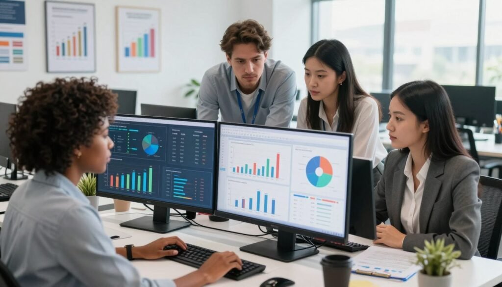 A modern office setting with a clean and vibrant atmosphere. In the foreground, a diverse group of three professionals—a Black woman, a Caucasian man, and an Asian woman—are intensely analyzing data on multiple screens. They are dressed in smart business attire, with a focus on their expressions of concentration and teamwork. In the middle, graphs and charts showcasing conversion rates and user engagement metrics are prominently displayed on their screens. The background features a sleek office environment with motivational posters about growth and optimization on the walls. Soft, natural light filters in through large windows, creating an encouraging and dynamic mood. The angle is a slightly elevated view, adding depth to the scene, capturing the essence of collaboration and analysis in the realm of conversion rate optimization. A modern office setting with a clean and vibrant atmosphere. In the foreground, a diverse group of three professionals—a Black woman, a Caucasian man, and an Asian woman—are intensely analyzing data on multiple screens. They are dressed in smart business attire, with a focus on their expressions of concentration and teamwork. In the middle, graphs and charts showcasing conversion rates and user engagement metrics are prominently displayed on their screens. The background features a sleek office environment with motivational posters about growth and optimization on the walls. Soft, natural light filters in through large windows, creating an encouraging and dynamic mood. The angle is a slightly elevated view, adding depth to the scene, capturing the essence of collaboration and analysis in the realm of conversion rate optimization.