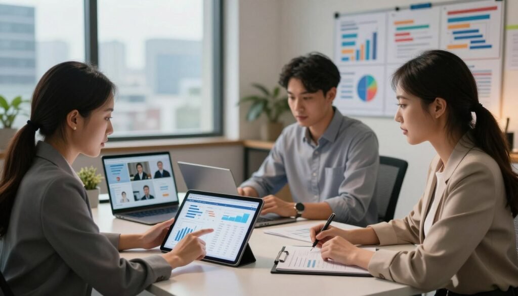 A modern office environment with a professional, diverse team of three individuals collaborating around a sleek table filled with digital devices. In the foreground, a focused woman in business attire points to a digital tablet displaying graphs and subscription data, while a man and a woman beside her engage with a laptop, showcasing video content on the screen. The middle ground features a large window with cityscape views, symbolizing growth and opportunity, while the background has a digital board filled with colorful charts, illustrating subscription models. Soft, ambient lighting creates a warm, inviting atmosphere, and the image is shot from a slightly elevated angle to capture the entire scene with depth and clarity, emphasizing teamwork and innovative strategies in subscription-based content. A modern office environment with a professional, diverse team of three individuals collaborating around a sleek table filled with digital devices. In the foreground, a focused woman in business attire points to a digital tablet displaying graphs and subscription data, while a man and a woman beside her engage with a laptop, showcasing video content on the screen. The middle ground features a large window with cityscape views, symbolizing growth and opportunity, while the background has a digital board filled with colorful charts, illustrating subscription models. Soft, ambient lighting creates a warm, inviting atmosphere, and the image is shot from a slightly elevated angle to capture the entire scene with depth and clarity, emphasizing teamwork and innovative strategies in subscription-based content.