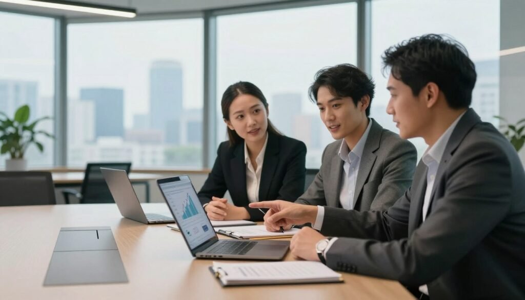 A professional consulting scene in a modern office setting. In the foreground, a confident, diverse group of three individuals in business attire engaged in an animated discussion, one pointing at a laptop displaying a graph or chart. In the middle, a sleek conference table surrounded by notepads and digital devices, symbolizing strategic planning. In the background, large windows with a city skyline view, allowing natural light to fill the space, creating an inviting atmosphere. The overall mood is collaborative and inspiring, suggesting innovation and professionalism, with a focus on teamwork and effective communication. Utilize soft lighting to enhance the warm, motivated feel of the environment. A professional consulting scene in a modern office setting. In the foreground, a confident, diverse group of three individuals in business attire engaged in an animated discussion, one pointing at a laptop displaying a graph or chart. In the middle, a sleek conference table surrounded by notepads and digital devices, symbolizing strategic planning. In the background, large windows with a city skyline view, allowing natural light to fill the space, creating an inviting atmosphere. The overall mood is collaborative and inspiring, suggesting innovation and professionalism, with a focus on teamwork and effective communication. Utilize soft lighting to enhance the warm, motivated feel of the environment.