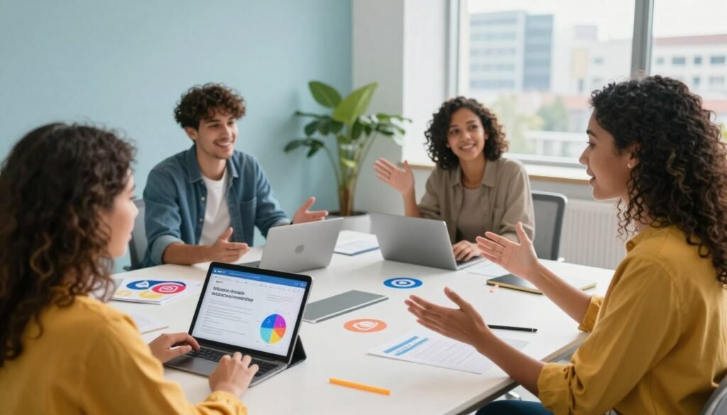 A vibrant and dynamic scene showcasing a diverse group of professional influencers engaged in a marketing campaign brainstorming session. In the foreground, a confident female influencer in smart casual attire is presenting ideas on a digital tablet, animated gestures capturing her audience's attention. The middle-ground features two more influencers, one male and one female, exchanging ideas while seated around a stylish modern conference table adorned with digital marketing materials and social media icons scattered across the surface. In the background, large windows provide natural light, illuminating an urban landscape that symbolizes connectivity and modernity. The atmosphere is collaborative and energetic, with a color palette of soft blues and warm yellows to convey optimism and creativity. The composition is well-balanced, captured from a slightly elevated angle to provide an engaging perspective of the brainstorming environment, evoking inspiration for effective influencer marketing strategies. A vibrant and dynamic scene showcasing a diverse group of professional influencers engaged in a marketing campaign brainstorming session. In the foreground, a confident female influencer in smart casual attire is presenting ideas on a digital tablet, animated gestures capturing her audience's attention. The middle-ground features two more influencers, one male and one female, exchanging ideas while seated around a stylish modern conference table adorned with digital marketing materials and social media icons scattered across the surface. In the background, large windows provide natural light, illuminating an urban landscape that symbolizes connectivity and modernity. The atmosphere is collaborative and energetic, with a color palette of soft blues and warm yellows to convey optimism and creativity. The composition is well-balanced, captured from a slightly elevated angle to provide an engaging perspective of the brainstorming environment, evoking inspiration for effective influencer marketing strategies.