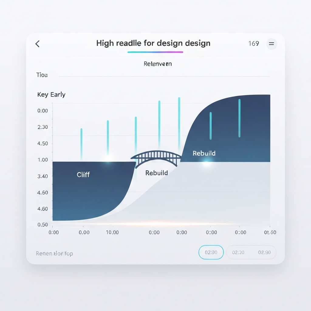 Minimalist analytics dashboard close-up, retention curve with sharp early drop then recovery, highlighted timestamps, clean UI, modern flat design, high readability, 16:9, crisp typography, subtle glow accents, visual metaphor of “cliff” and “rebuild” (bridge over a gap) integrated into the graph.