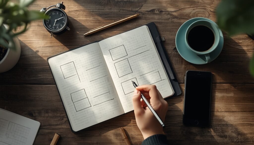 Notebook with four planning blocks and a timer for a 60-minute B2B social media plan session