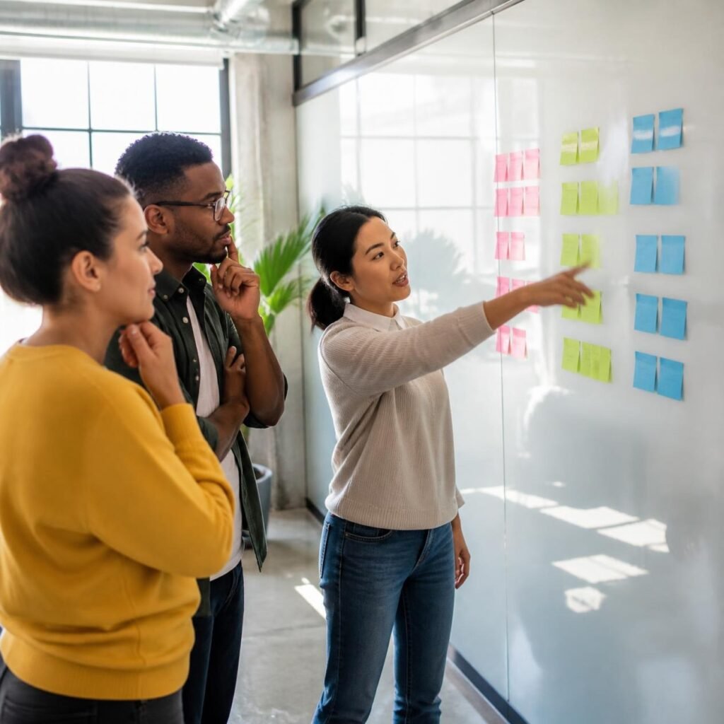 B2B marketing team mapping a 90-day social media plan in three phases on a whiteboard