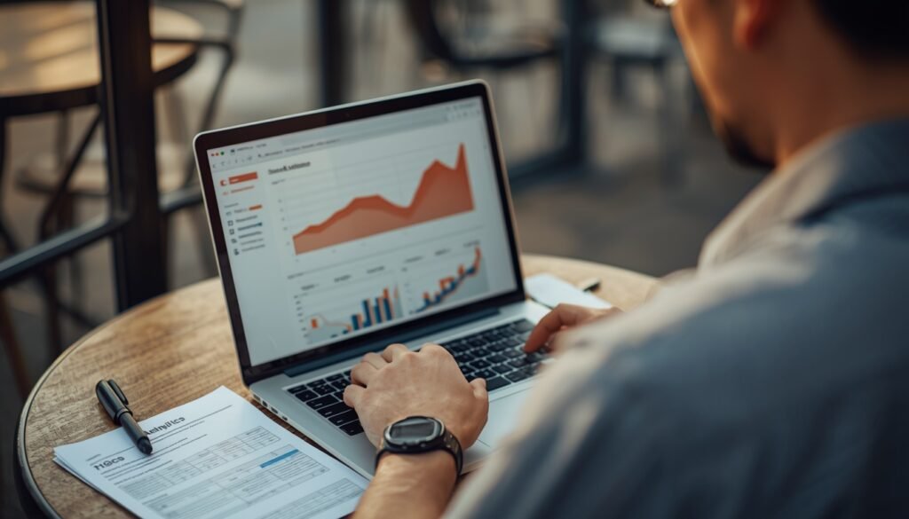 Founder reviewing B2B social media metrics on a laptop during a weekly check-in