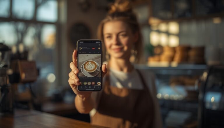 Small business owner checking her Instagram ads for small business on her phone