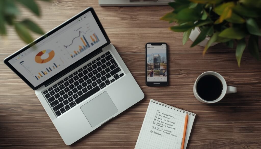 Instagram ads for small business setup checklist on a laptop and phone