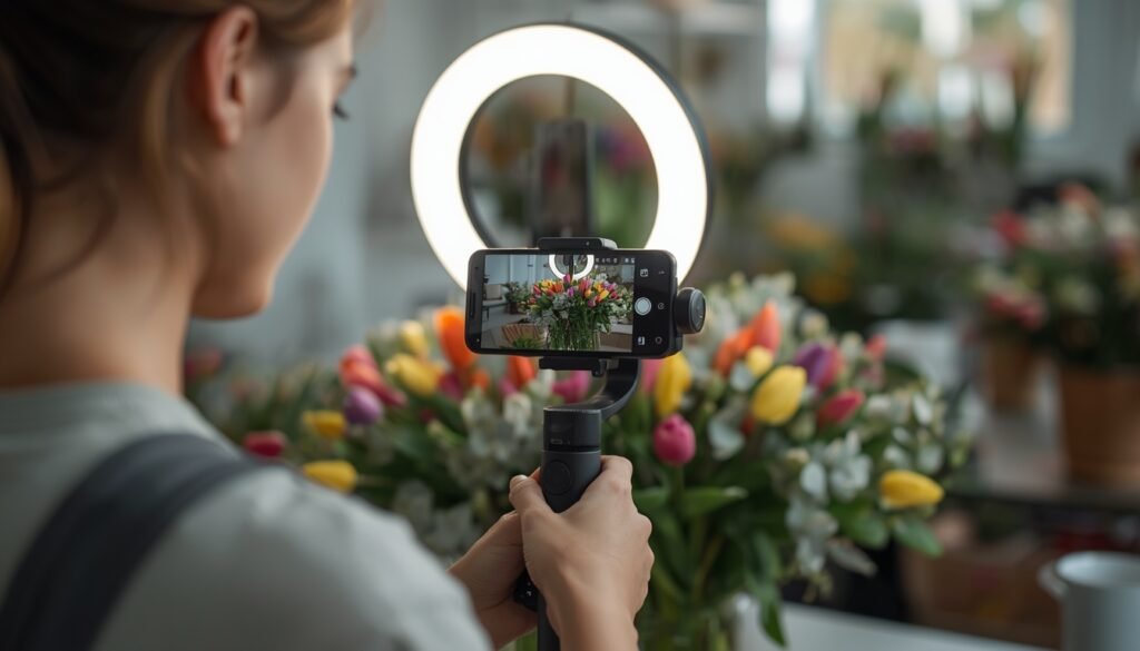 Small business owner filming a vertical Reel for an Instagram ads for small business with a phone gimbal
