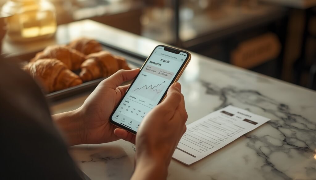 Bakery owner reviewing Instagram ads for business results on a smartphone