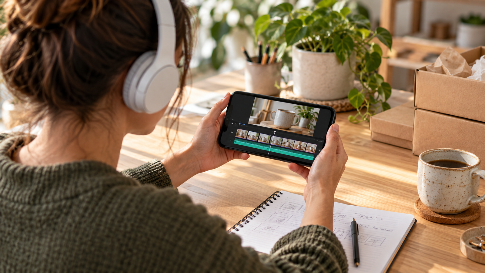 Reviewing Instagram Edits captions and audio with headphones