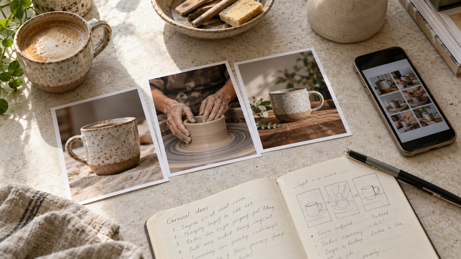 Planning an Instagram Edits carousel using pottery product photos