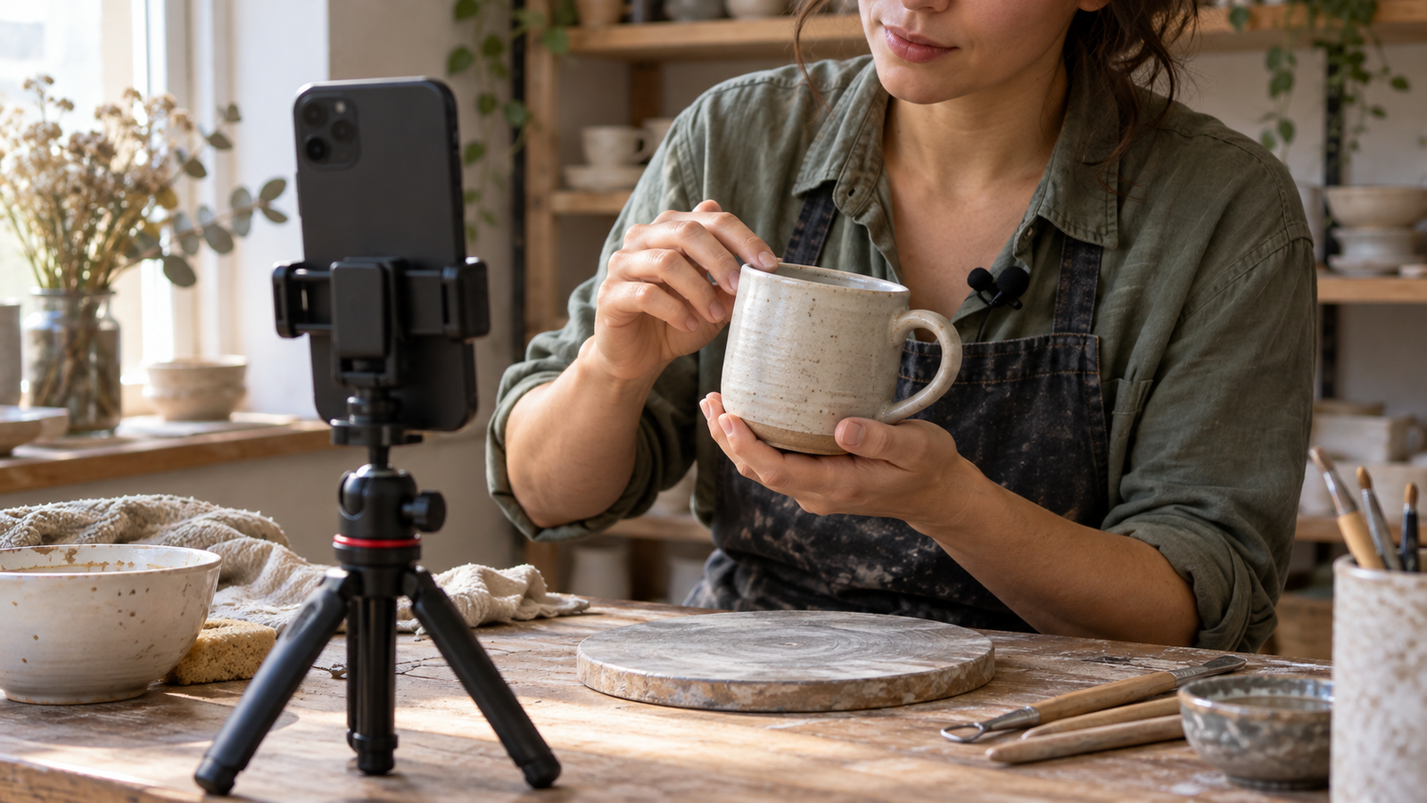 Filming a ceramic mug demonstration on a phone for Instagram Edits