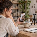 Small business owner reviewing a pottery video for an Instagram Edits workflow