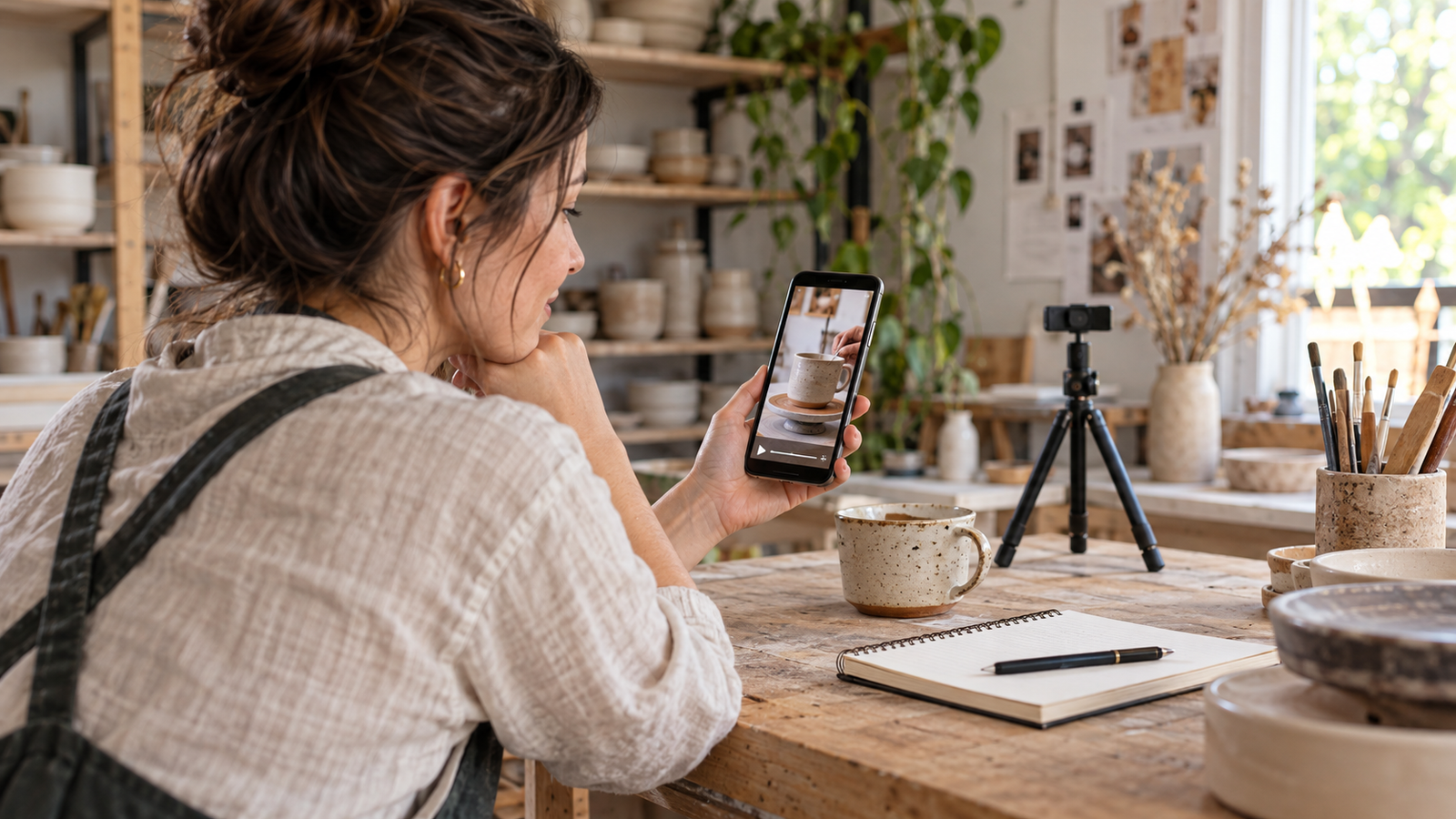 Small business owner reviewing a pottery video for an Instagram Edits workflow
