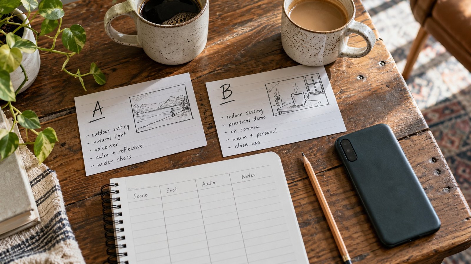 Instagram trial reels planning cards comparing two creative concepts on a workbench