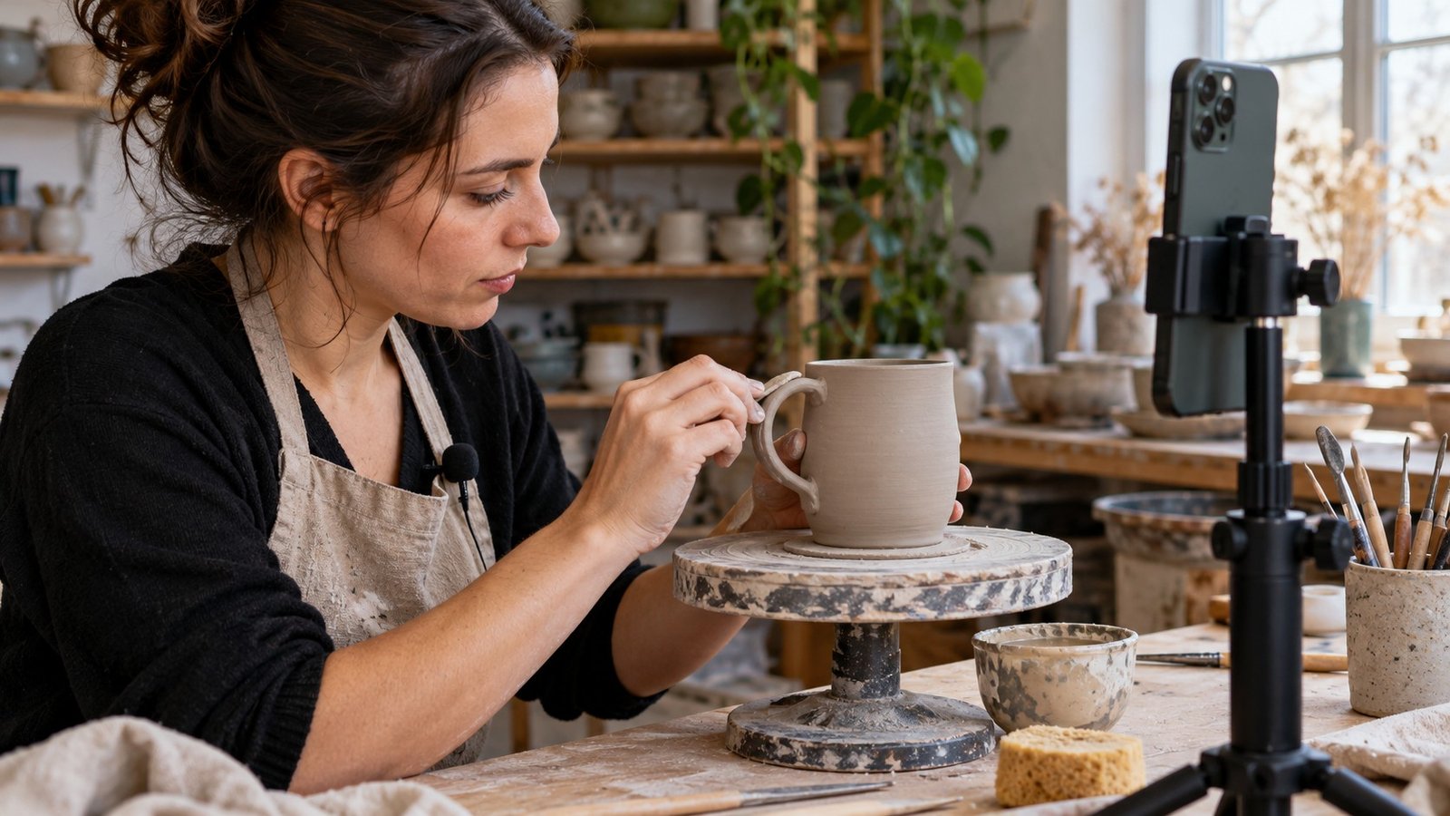 Instagram trial reels filming setup with a ceramic artisan demonstrating a mug handle