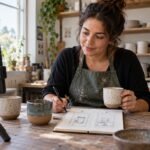 Instagram trial reels planning with a pottery studio owner, notebook and vertical smartphone