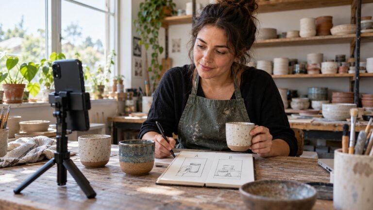 Instagram trial reels planning with a pottery studio owner, notebook and vertical smartphone