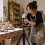 How to film Reels alone: ceramic studio owner adjusting a vertical smartphone on a tripod beside a workbench