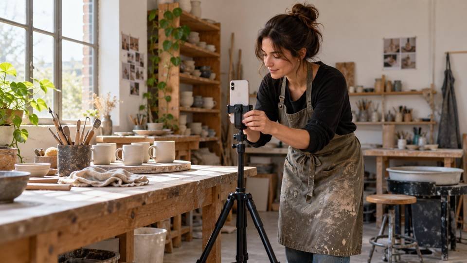 How to film Reels alone: ceramic studio owner adjusting a vertical smartphone on a tripod beside a workbench