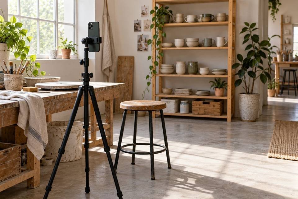 How to film Reels alone: vertical smartphone on a tripod facing a stool in a window-lit ceramics studio