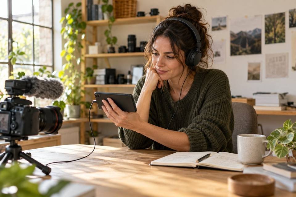 How to film Reels alone: business owner wearing headphones while reviewing a smartphone recording at a studio desk