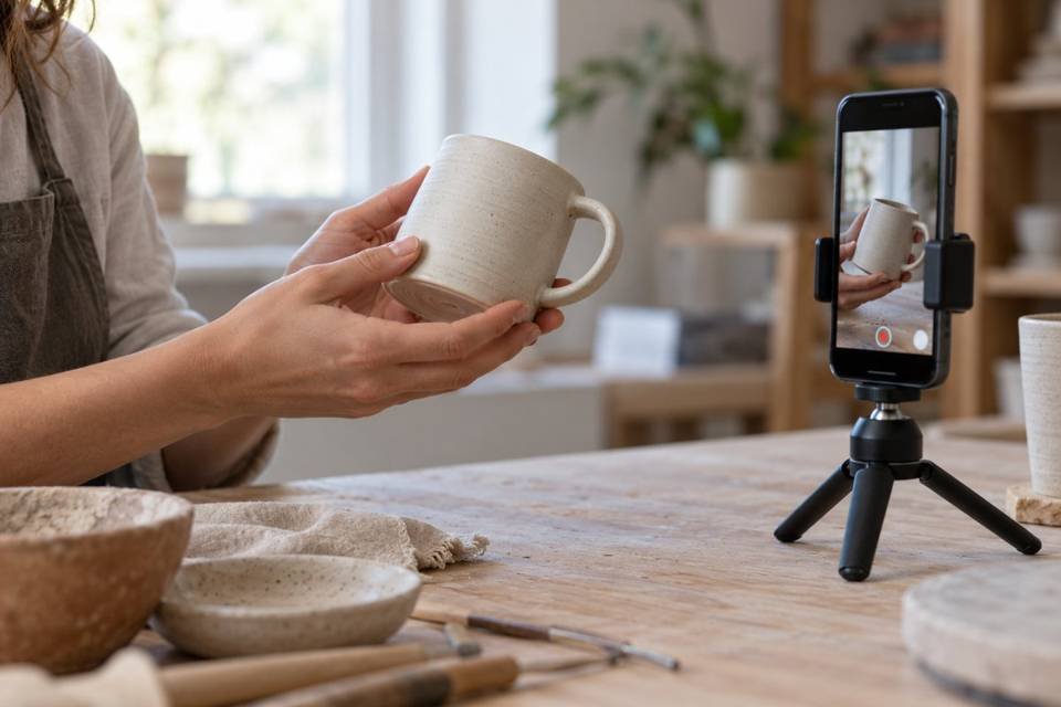 How to film Reels alone: hands holding a ceramic mug beside a smartphone on a tabletop tripod